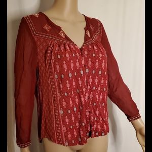 Embroidered Brick Red BoHo Blouse by LUCKY BRAND Size Small